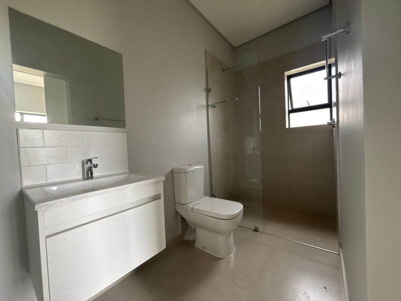 Modern bathroom featuring a vanity with basin, wall-mounted mirror, toilet, and a spacious walk-in shower with a glass screen and tiled finishes.