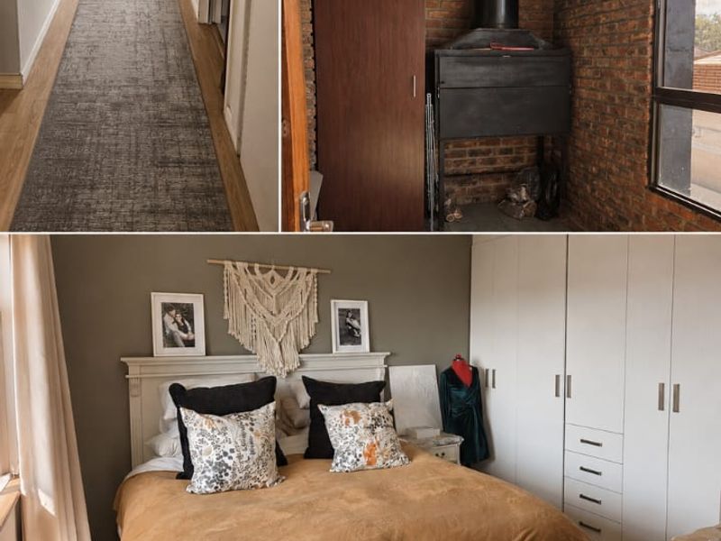 A composite image showing various interior spaces of an apartment, including a hallway, living area, fireplace, bedroom with built-in cupboards, and a kitchen.