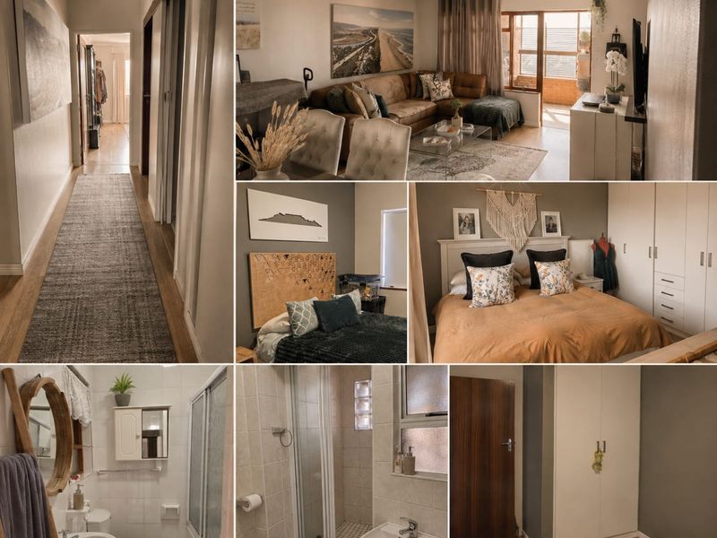 A collage of interior apartment spaces including a hallway, living area, bedrooms, and bathrooms with standard built-in fixtures and finishes.