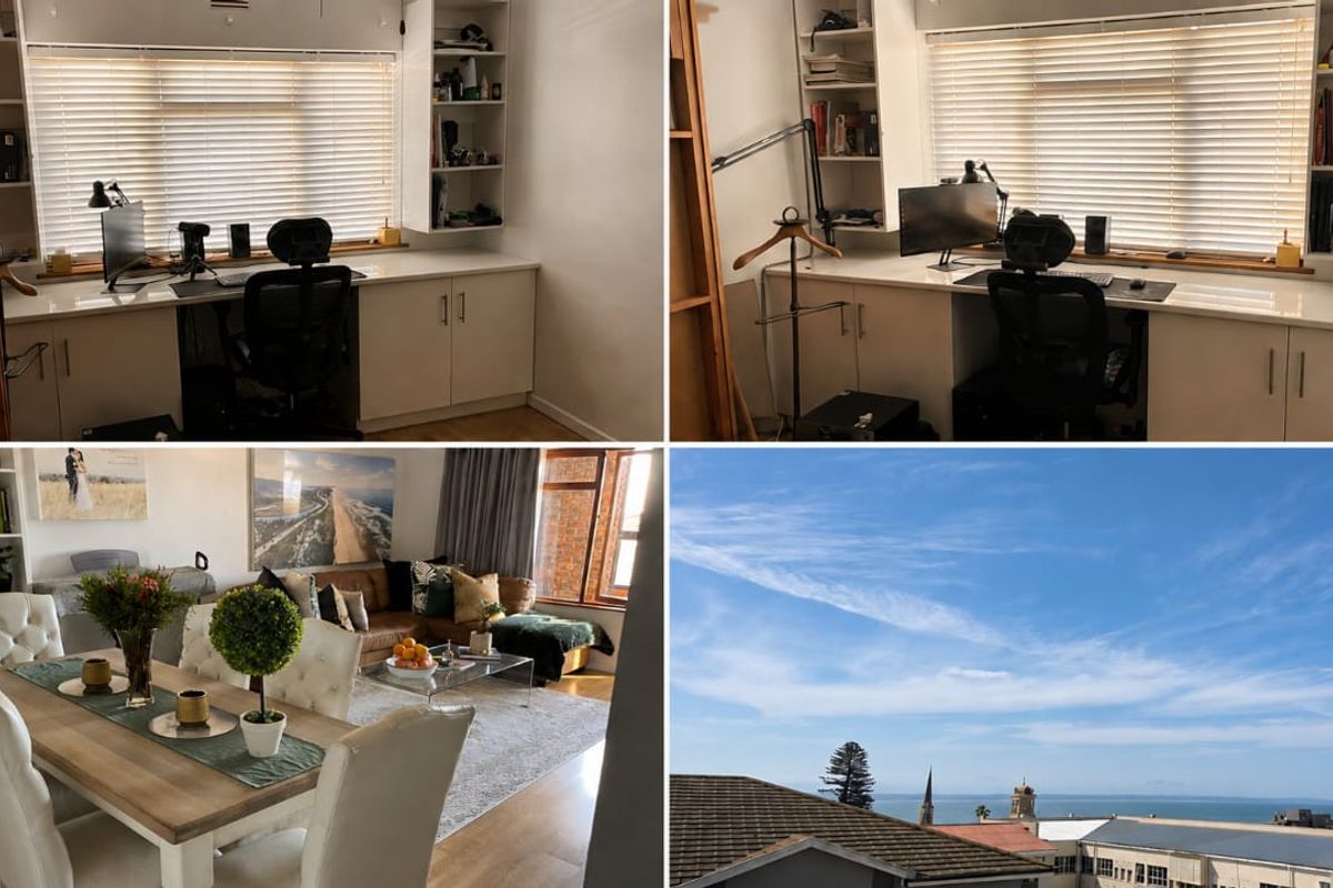 A collage of images showing a home office, a living and dining area, and an exterior view of the surrounding neighborhood and coastline.
