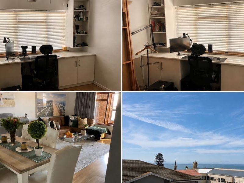 A collage of images showing a home office, a living and dining area, and an exterior view of the surrounding neighborhood and coastline.