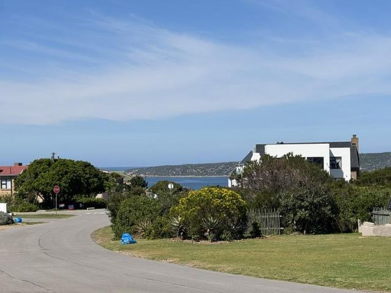 A scenic view of the coastal landscape and surrounding neighborhood, featuring established greenery and a paved road leading towards the ocean.