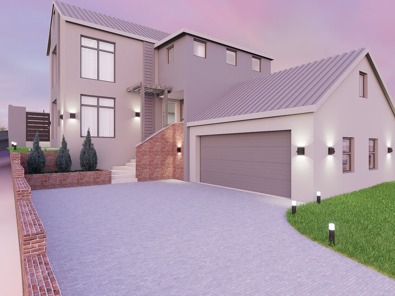 Modern double-story residential home featuring a paved driveway, integrated double garage, brick retaining walls, and contemporary exterior lighting.
