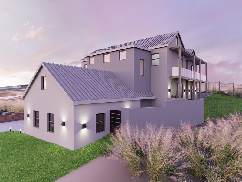 A modern multi-story residential property featuring a metal roof, balcony with glass balustrades, and exterior lighting, set within a landscaped plot.