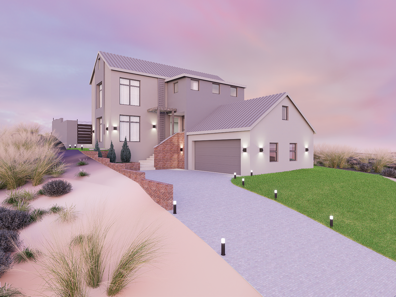 Modern two-story residential home featuring a double garage, paved driveway, and contemporary architectural design with brick accents and exterior lighting.
