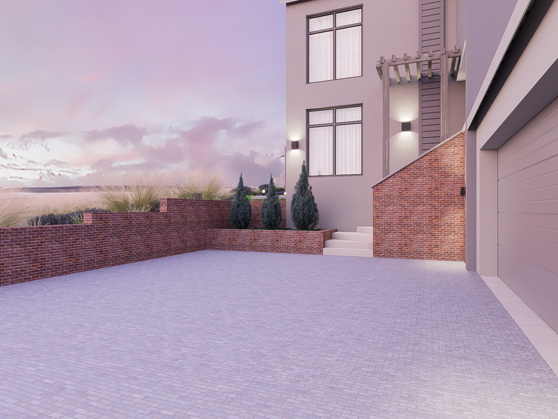 Modern front exterior featuring a paved driveway, brick retaining walls, a sectional garage door, and architectural lighting elements.