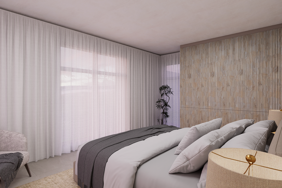 A modern, well-appointed bedroom featuring elegant slatted timber wall paneling, floor-to-ceiling sheer curtains, and neutral tiled flooring.