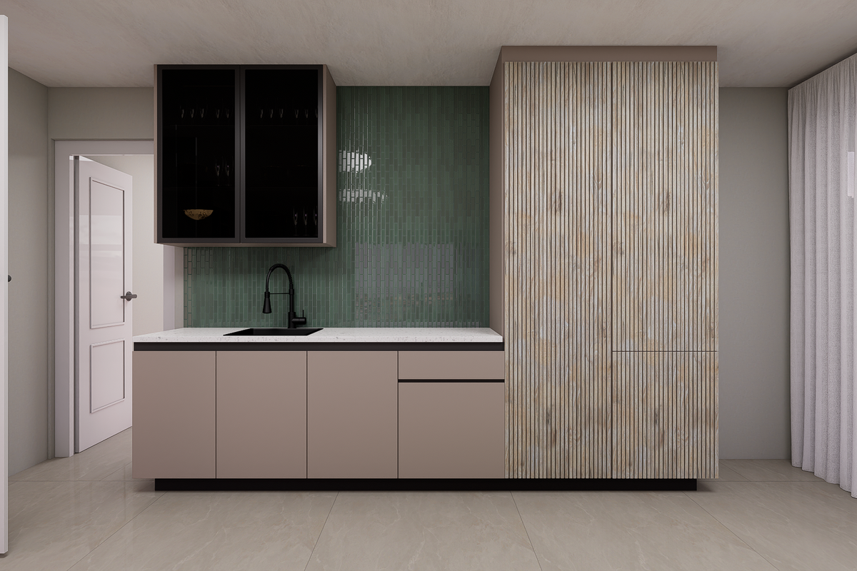 A modern, minimalist kitchenette featuring sleek taupe cabinetry, a stone countertop, a black sink fixture, and a textured wood-panelled tall storage unit.