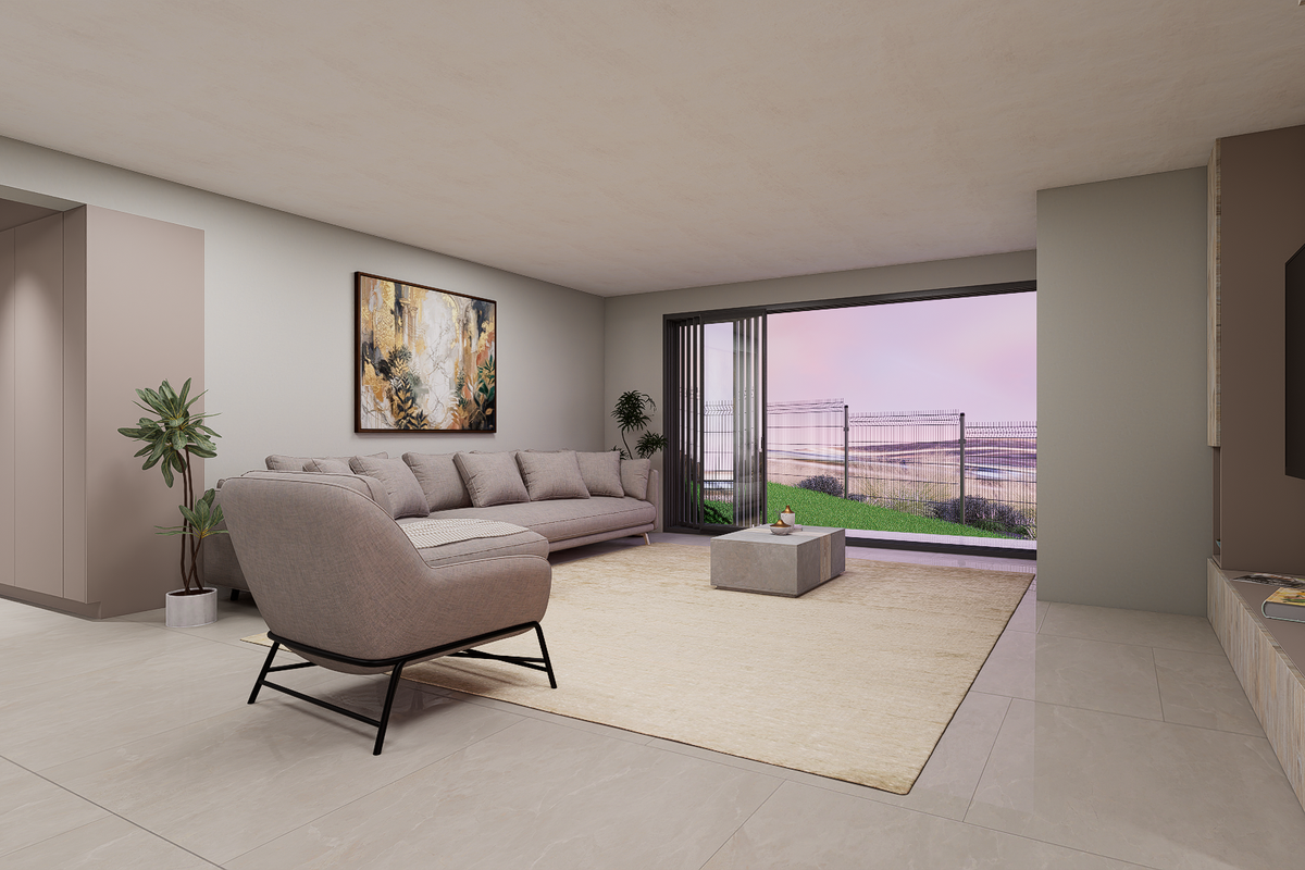 Modern living room featuring large sliding glass doors, neutral tiled flooring, and custom built-in cabinetry with integrated shelving.