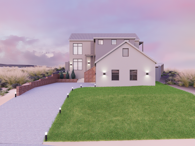 A modern two-story residential property featuring a paved driveway, landscaped lawn, and brick retaining wall elements.