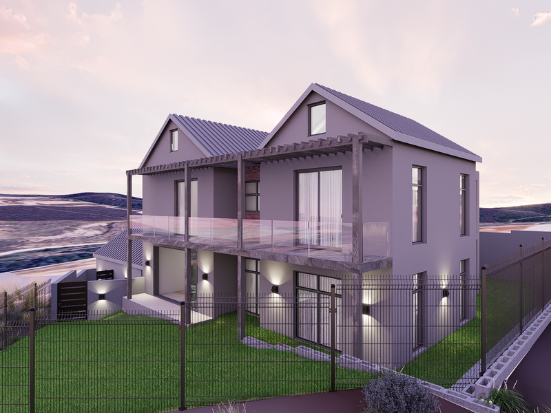 A modern two-story residential property featuring a rear balcony with a pergola, glass balustrades, and landscaped garden area.