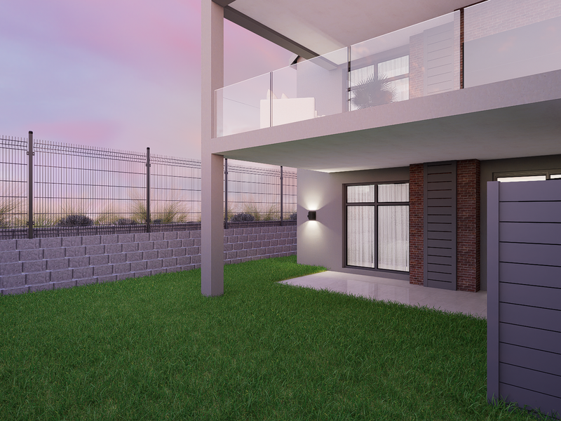 A modern rear exterior view featuring a landscaped lawn, paved patio, glass-balustrade balcony, and secure boundary walling.