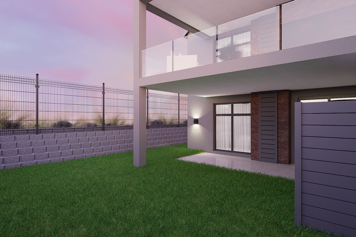 A modern rear exterior view featuring a landscaped lawn, paved patio, glass-balustrade balcony, and secure boundary walling.