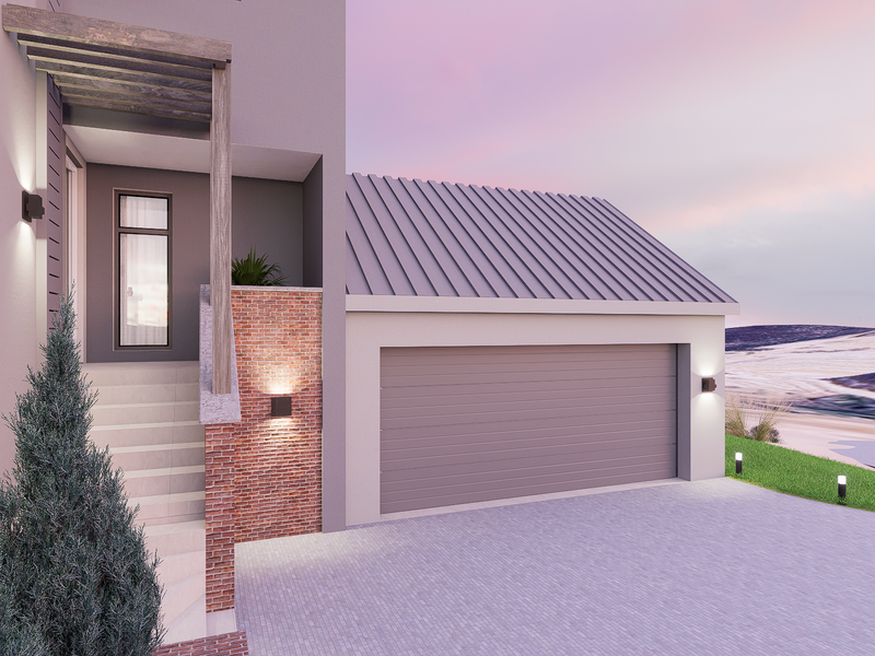 Modern front elevation featuring a paved driveway, integrated garage, brick accents, and timber pergola detail at the entrance.