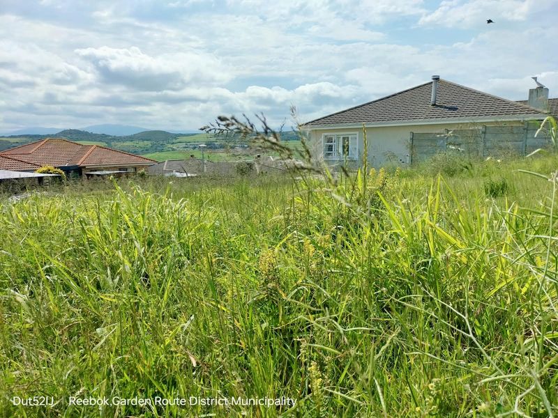 An undeveloped residential plot featuring overgrown grass with surrounding neighborhood views in the Garden Route District.