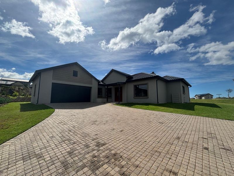 A modern single-story residential home featuring a paved driveway, double garage, and well-maintained lawn under a clear blue sky.