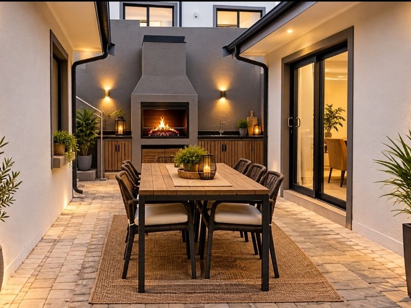 A beautifully designed covered patio featuring a built-in fireplace, outdoor cabinetry, and modern paver flooring, perfect for alfresco dining and entertaining.