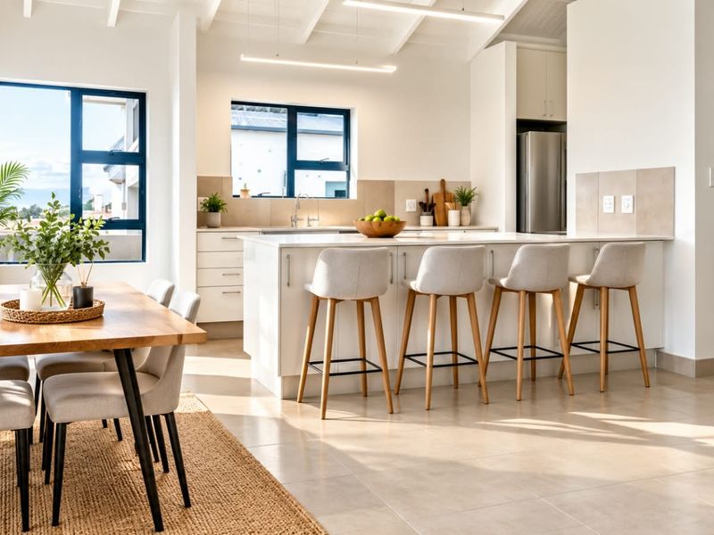 Bright open-plan kitchen and dining area featuring a central island, modern cabinetry, tiled floors, and high exposed beam ceilings with ample natural light.