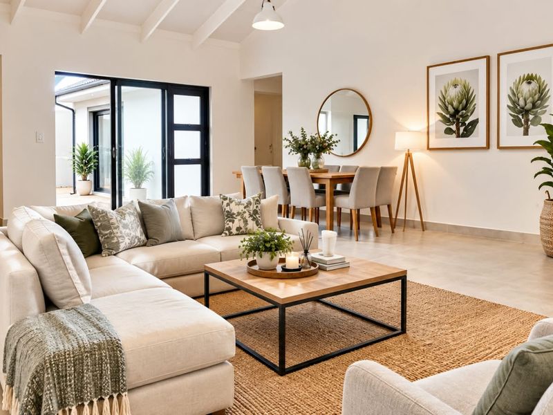 Spacious open-plan living and dining area featuring high ceilings with exposed rafters, tiled flooring, and large sliding glass doors leading to the patio.