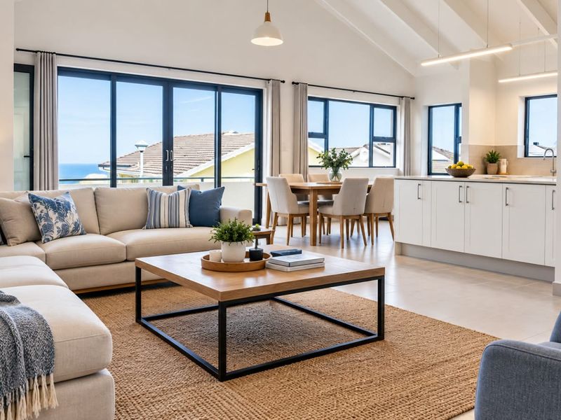 Spacious open-plan living, dining, and kitchen area featuring vaulted ceilings, modern cabinetry, and large sliding doors with scenic views.
