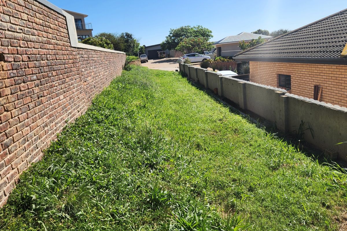 A narrow strip of residential land enclosed by a brick boundary wall and a precast concrete wall, featuring overgrown grass.