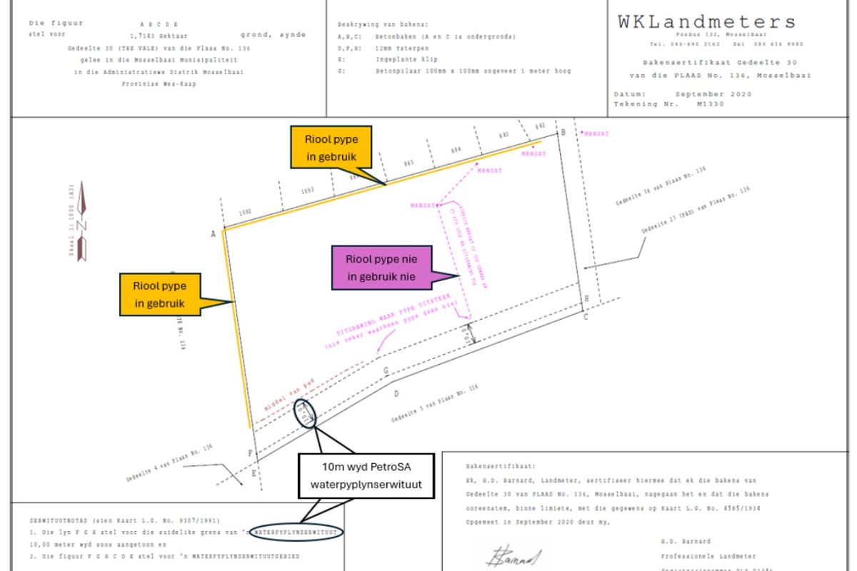 Professional land surveyor diagram detailing property boundaries, sewer infrastructure, and registered water pipeline servitudes for the farm plot.