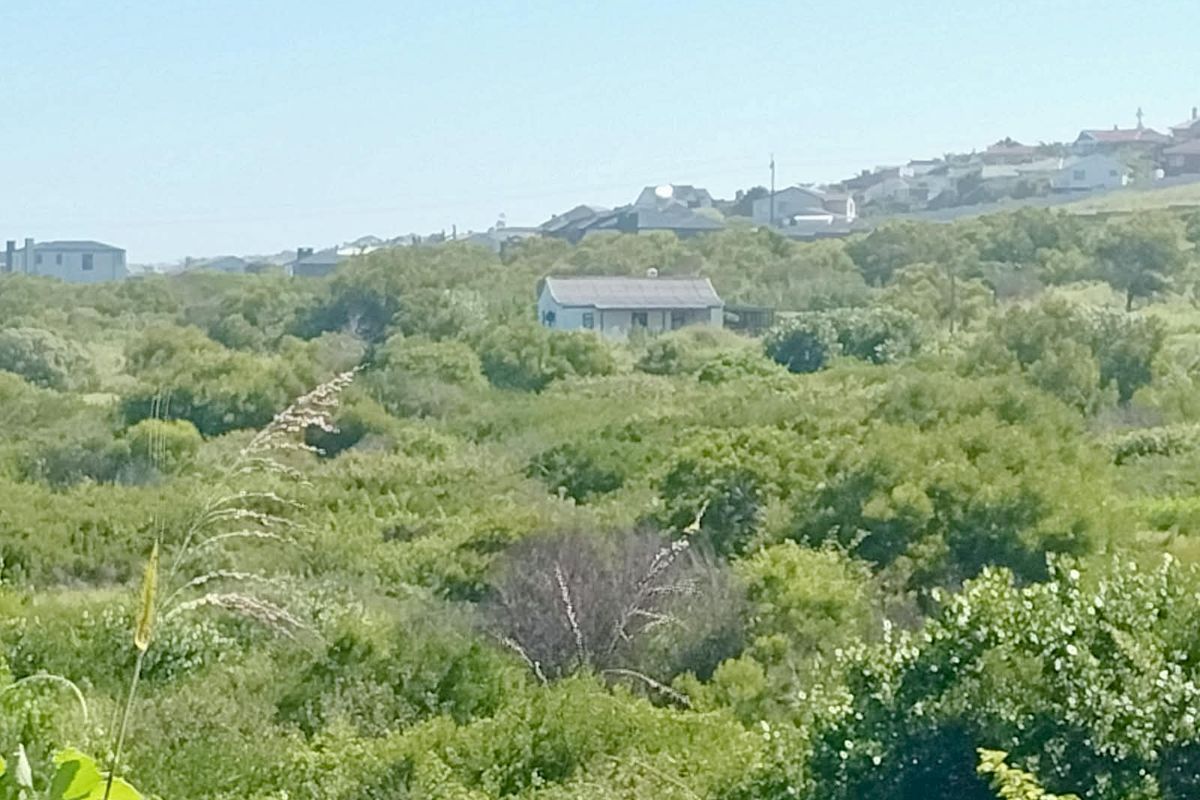 A distant view of a residential property nestled within a natural, bush-covered landscape in the Garden Route District.