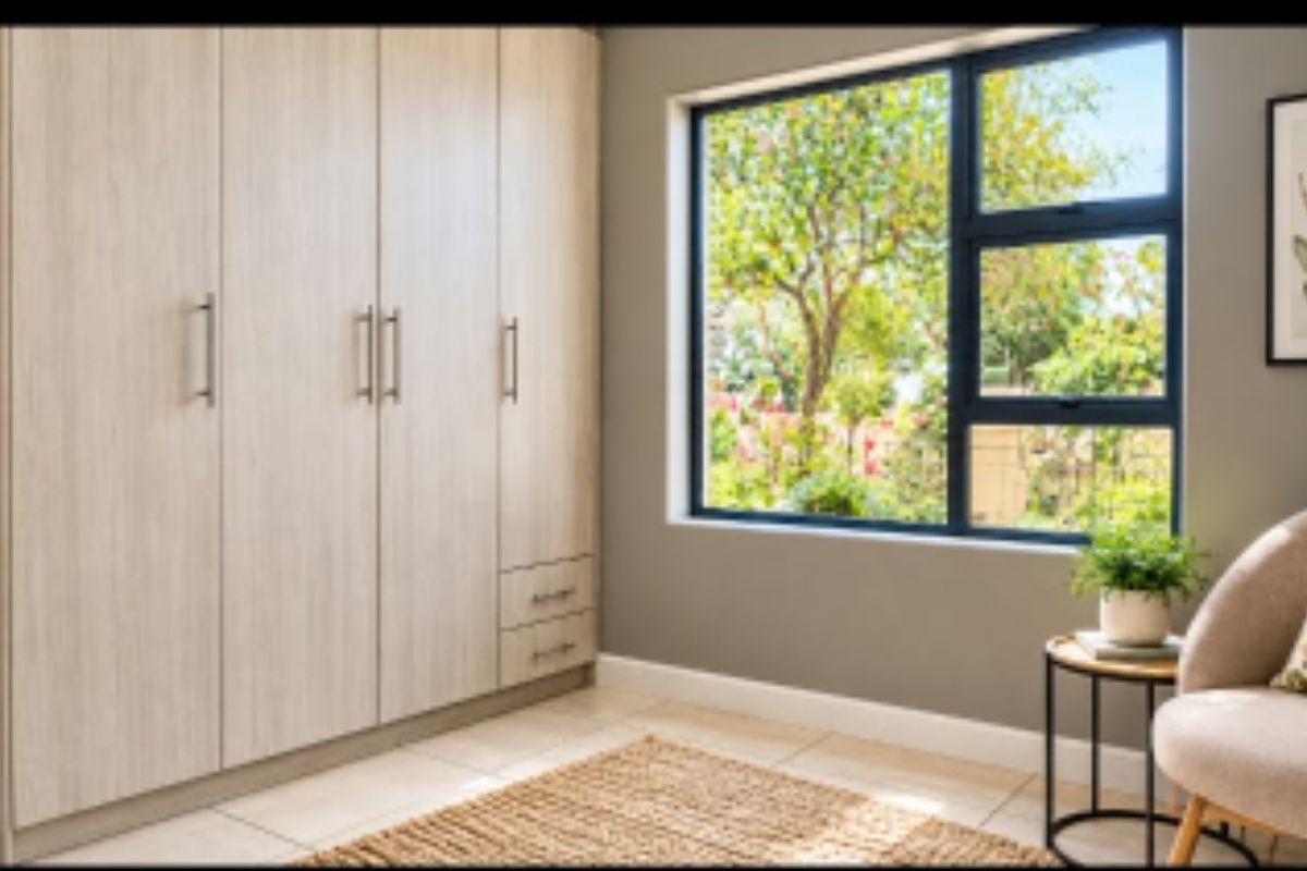 A well-maintained bedroom featuring modern built-in cupboards, tiled flooring, and a large window providing natural light and garden views.