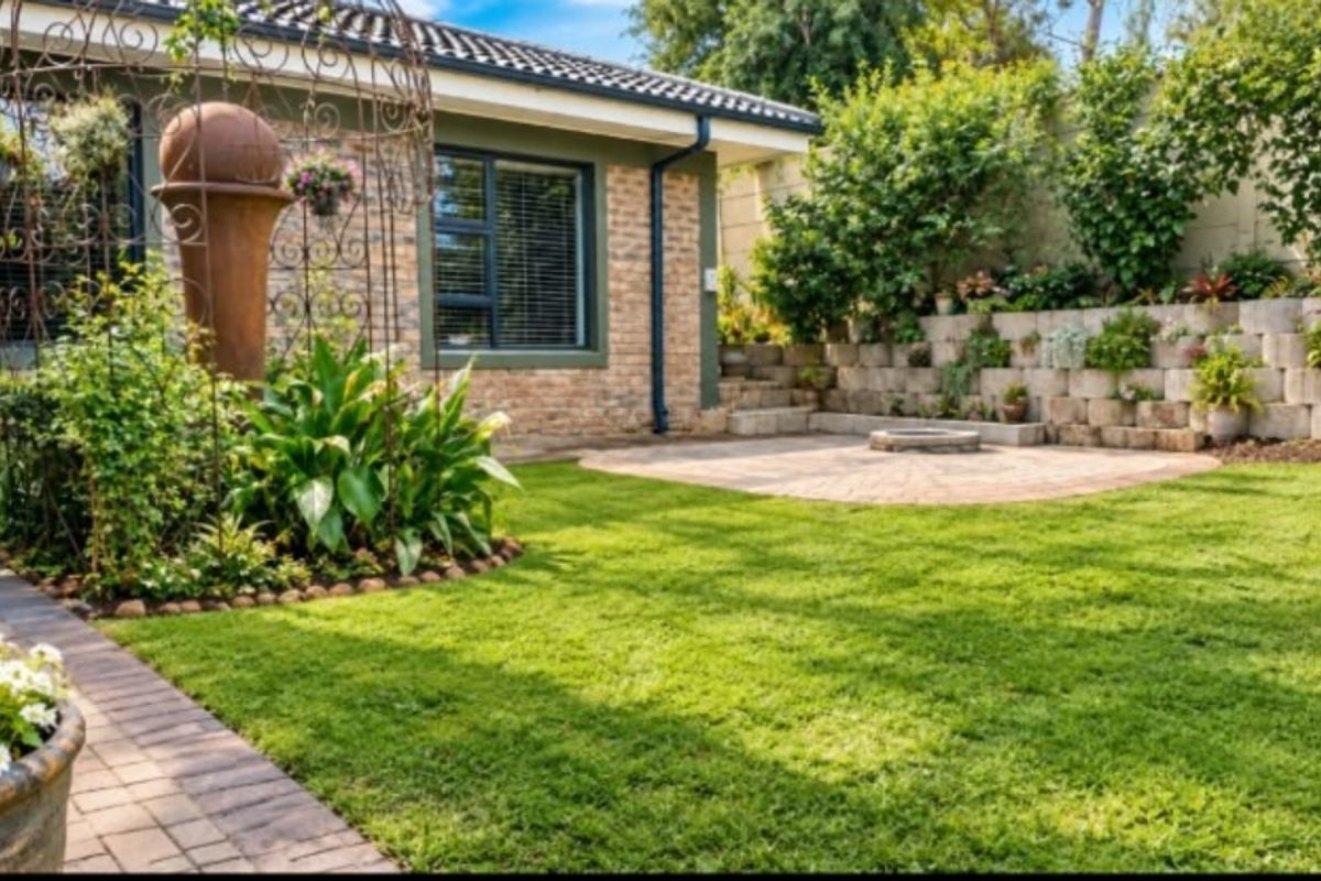 A well-maintained rear garden featuring a paved patio area, lush lawn, and tiered retaining wall against a brick-clad house exterior.