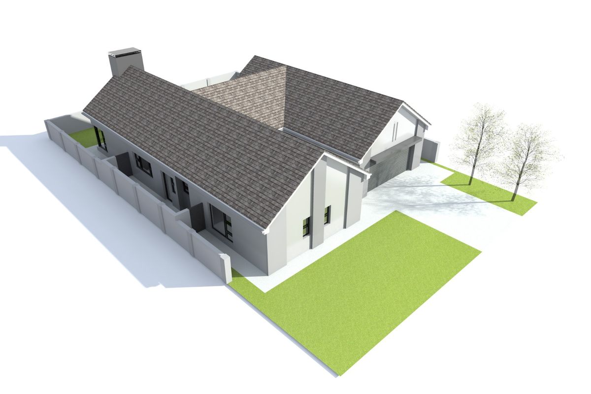 A 3D architectural render showing an aerial view of a modern residential house with a pitched roof, garage, and surrounding boundary walls.