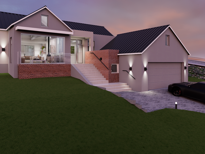 Modern architectural house exterior featuring a metal roof, brick accents, paved driveway, and integrated garage, presented in a high-quality digital render.