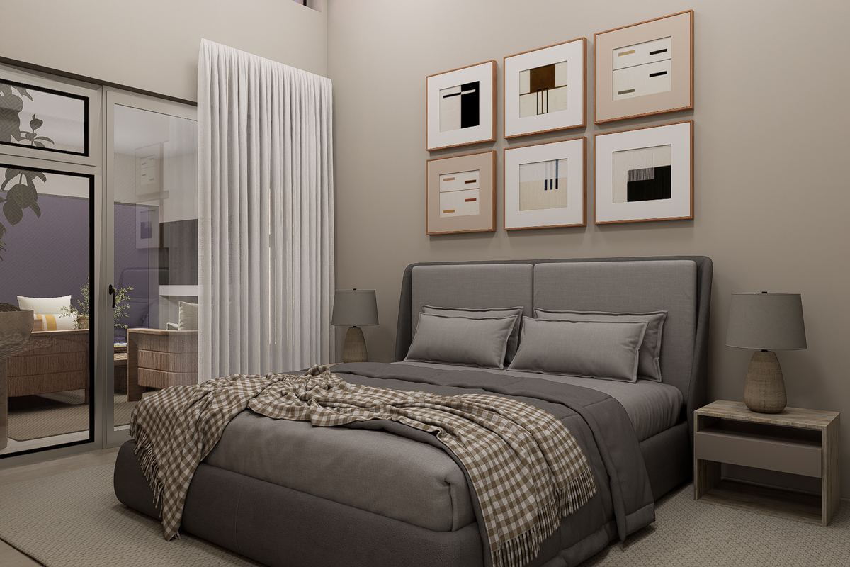 A modern, well-appointed bedroom featuring neutral tones, a large sliding glass door providing natural light, and clean architectural lines.