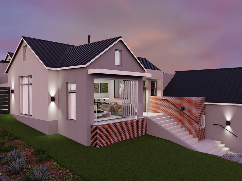 Modern architectural house exterior featuring a metal roof, brick accents, glass balustrade, and integrated garage at dusk.
