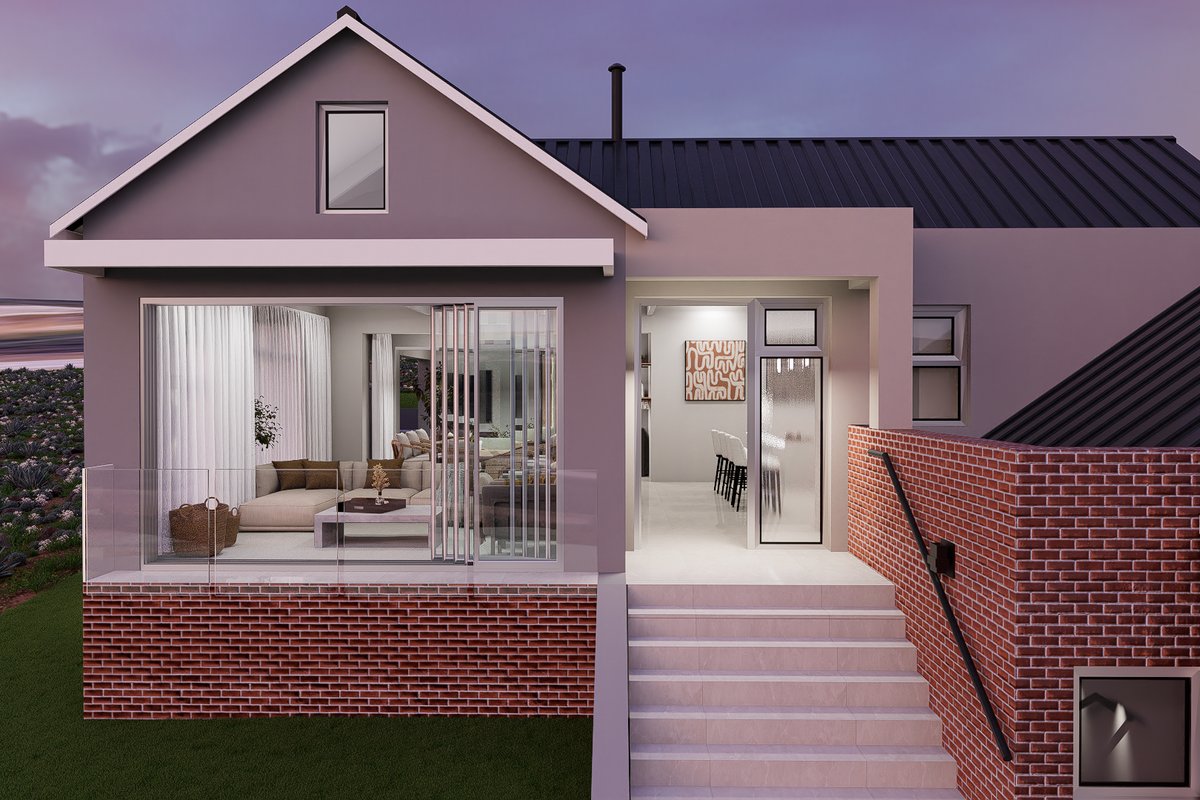 A modern rear exterior view featuring a brick facade, metal roof, tiled staircase with handrail, and large sliding glass doors leading to an interior space.