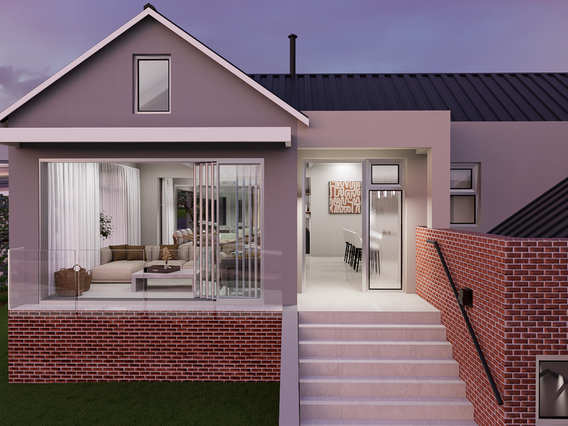 A modern rear exterior view featuring a brick facade, metal roof, tiled staircase with handrail, and large sliding glass doors leading to an interior space.