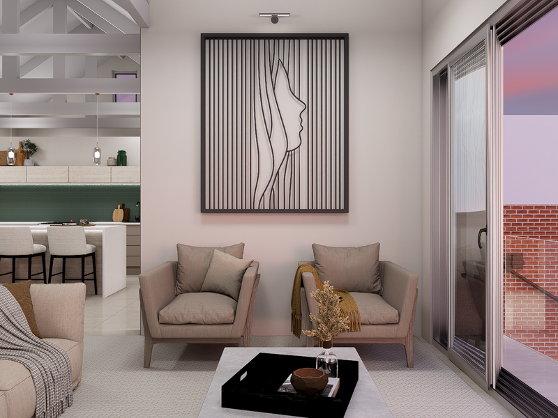 Modern open-plan living area featuring exposed vaulted ceilings, a sleek kitchen island, and large sliding doors opening to an outdoor balcony.