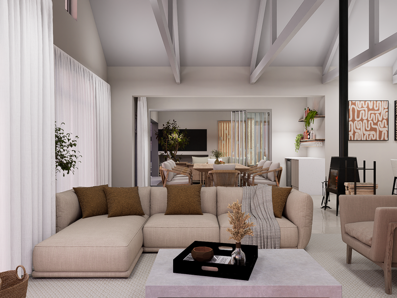 Spacious open-plan living area featuring a vaulted ceiling with exposed rafters, a modern freestanding fireplace, and seamless flow to the dining and patio spaces.