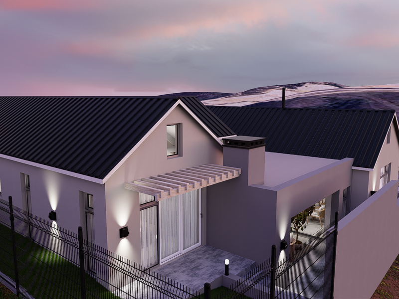 A modern residential exterior featuring a dark metal roof, a rear patio with a pergola, and integrated wall lighting, set against a scenic landscape.