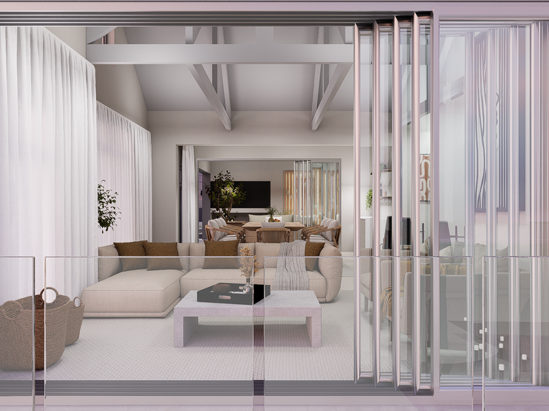 Spacious living area featuring vaulted ceilings with exposed trusses, seamlessly connected to the outdoors through large glass sliding doors and a modern glass balustrade.