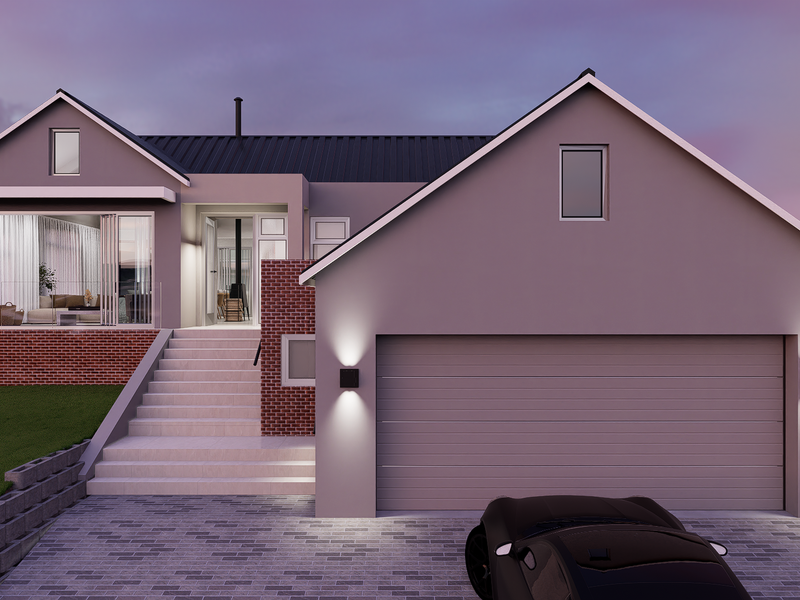 Modern architectural front elevation featuring a double garage, brick detailing, and a prominent concrete staircase leading to the main entrance.