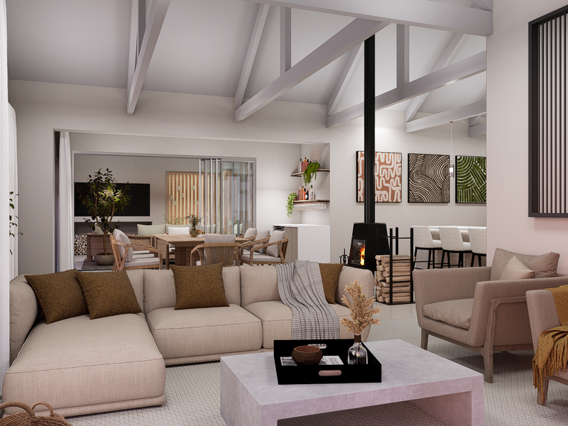 Spacious open-plan living area featuring a vaulted ceiling with exposed rafters, a modern freestanding fireplace, and seamless flow to an adjacent dining space.