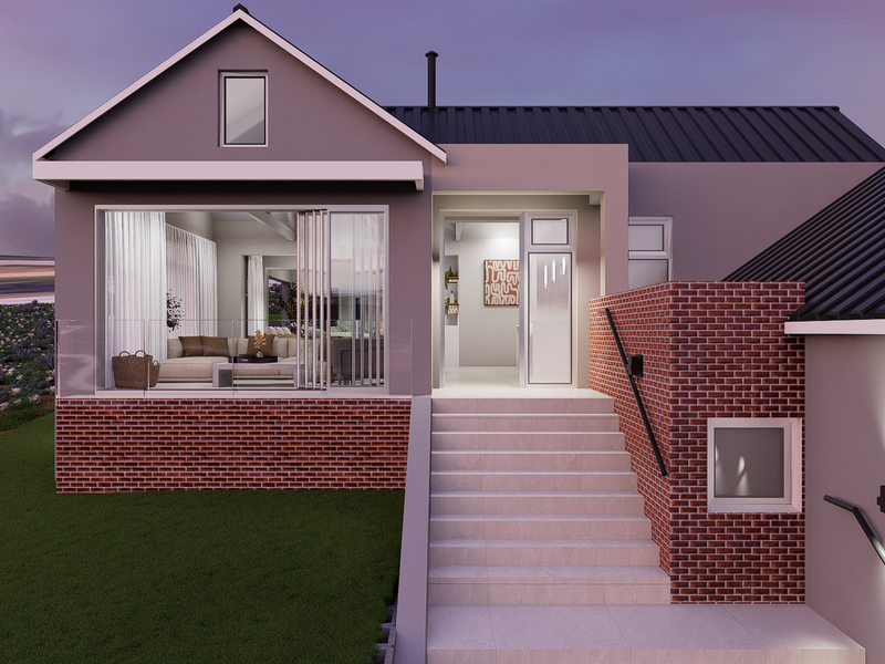 Modern architectural front elevation featuring a brick and plaster facade, metal roofing, and a welcoming staircase leading to the main entrance.