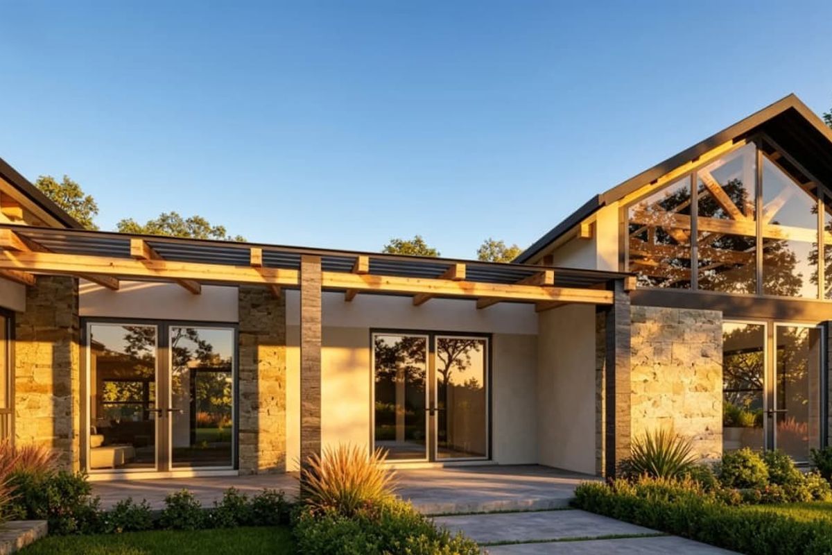 Modern architectural rear facade featuring stone cladding, a timber pergola, and expansive glass windows overlooking a landscaped garden.