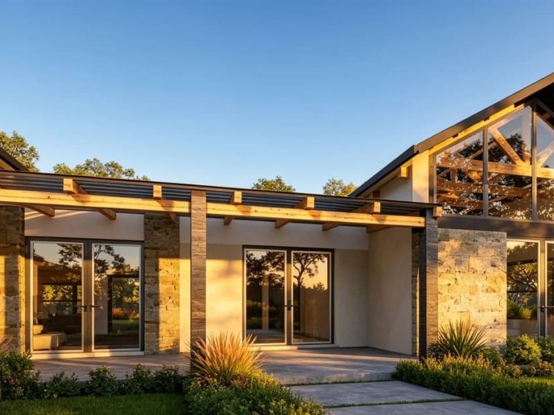 Modern architectural rear facade featuring stone cladding, a timber pergola, and expansive glass windows overlooking a landscaped garden.