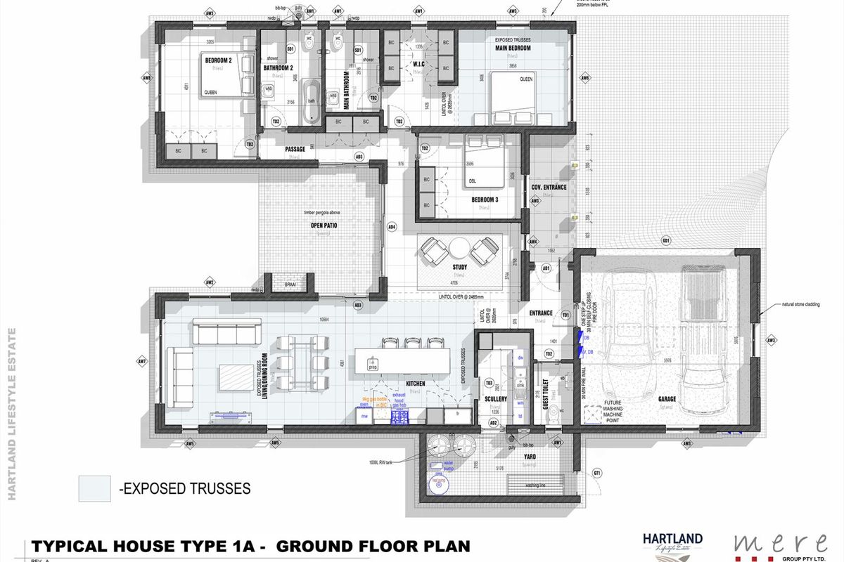 Architectural floor plan for a typical house type 1A, detailing the layout of bedrooms, living areas, kitchen, scullery, and garage.