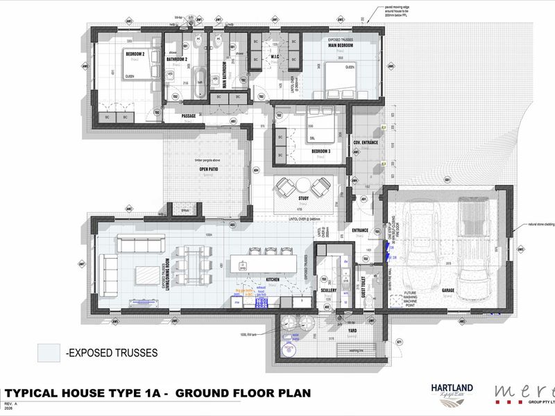 Architectural floor plan for a typical house type 1A, detailing the layout of bedrooms, living areas, kitchen, scullery, and garage.
