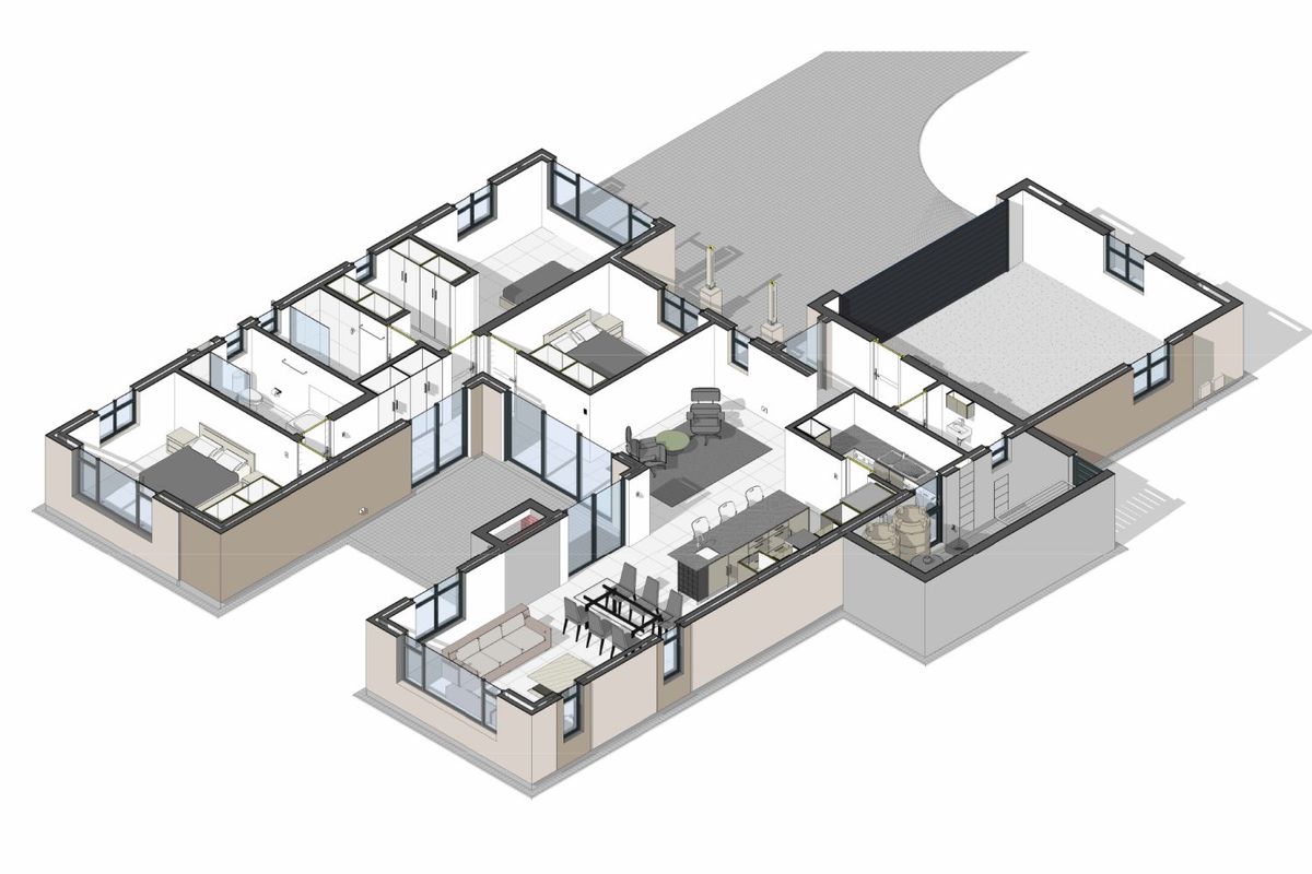 An isometric 3D floor plan illustrating the layout of the residence, including the open-plan living area, kitchen, bedrooms, and bathrooms.