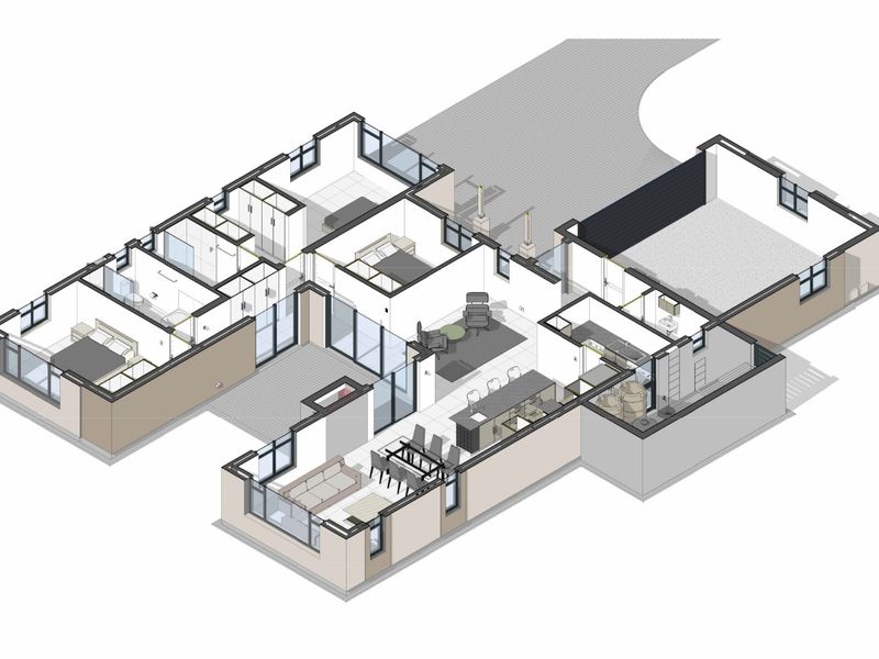 An isometric 3D floor plan illustrating the layout of the residence, including the open-plan living area, kitchen, bedrooms, and bathrooms.
