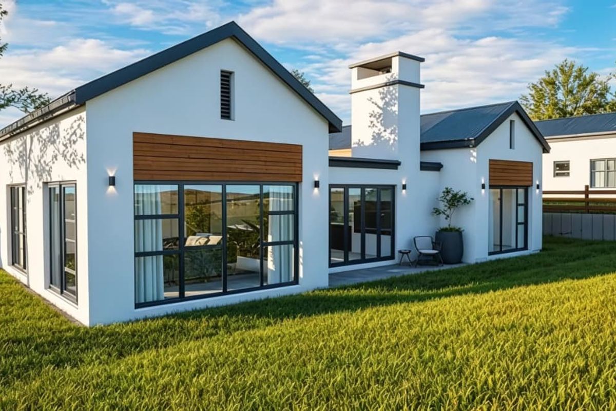 A modern rear elevation of a house featuring clean white render, timber accents, large glass doors, and a paved patio area overlooking the garden.