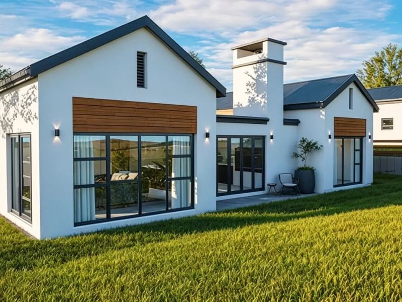 A modern rear elevation of a house featuring clean white render, timber accents, large glass doors, and a paved patio area overlooking the garden.